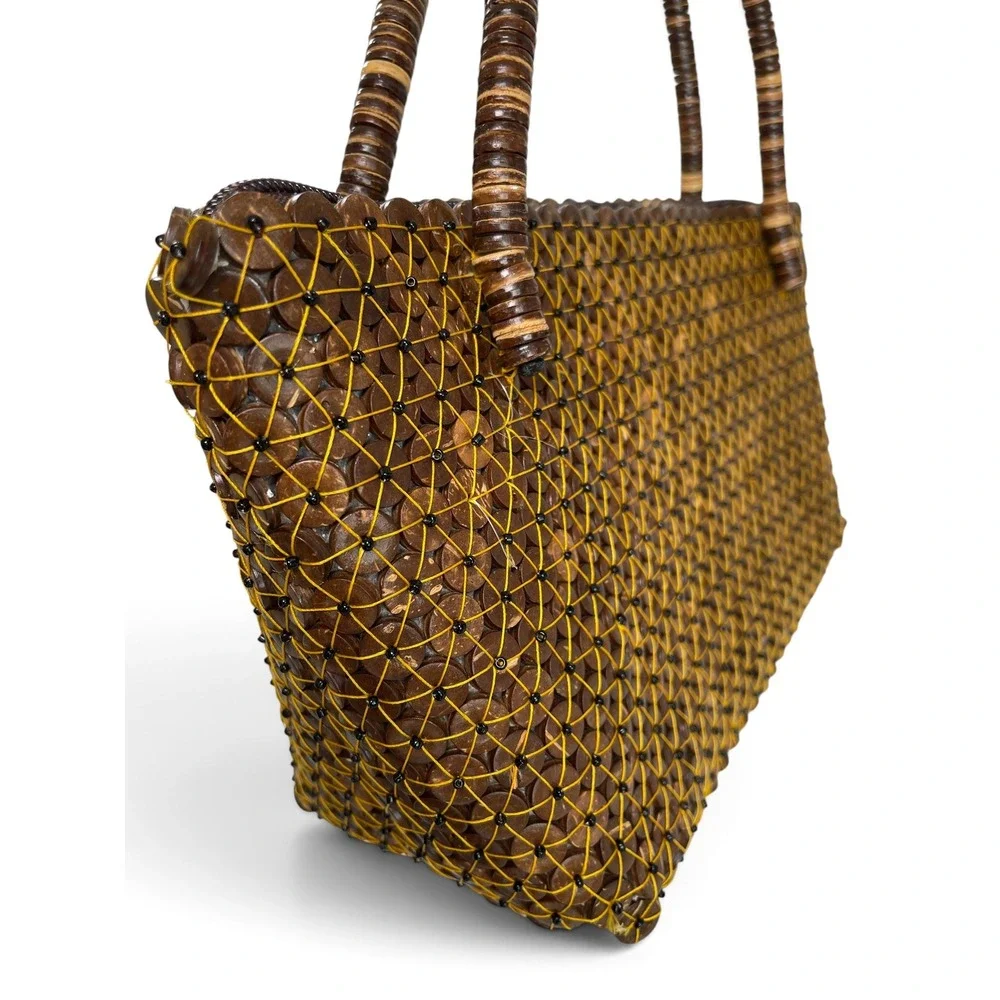 Y2K Handmade Coconut Shell Beaded Boho Handbag Artisan Crafted Brown Tote Purse